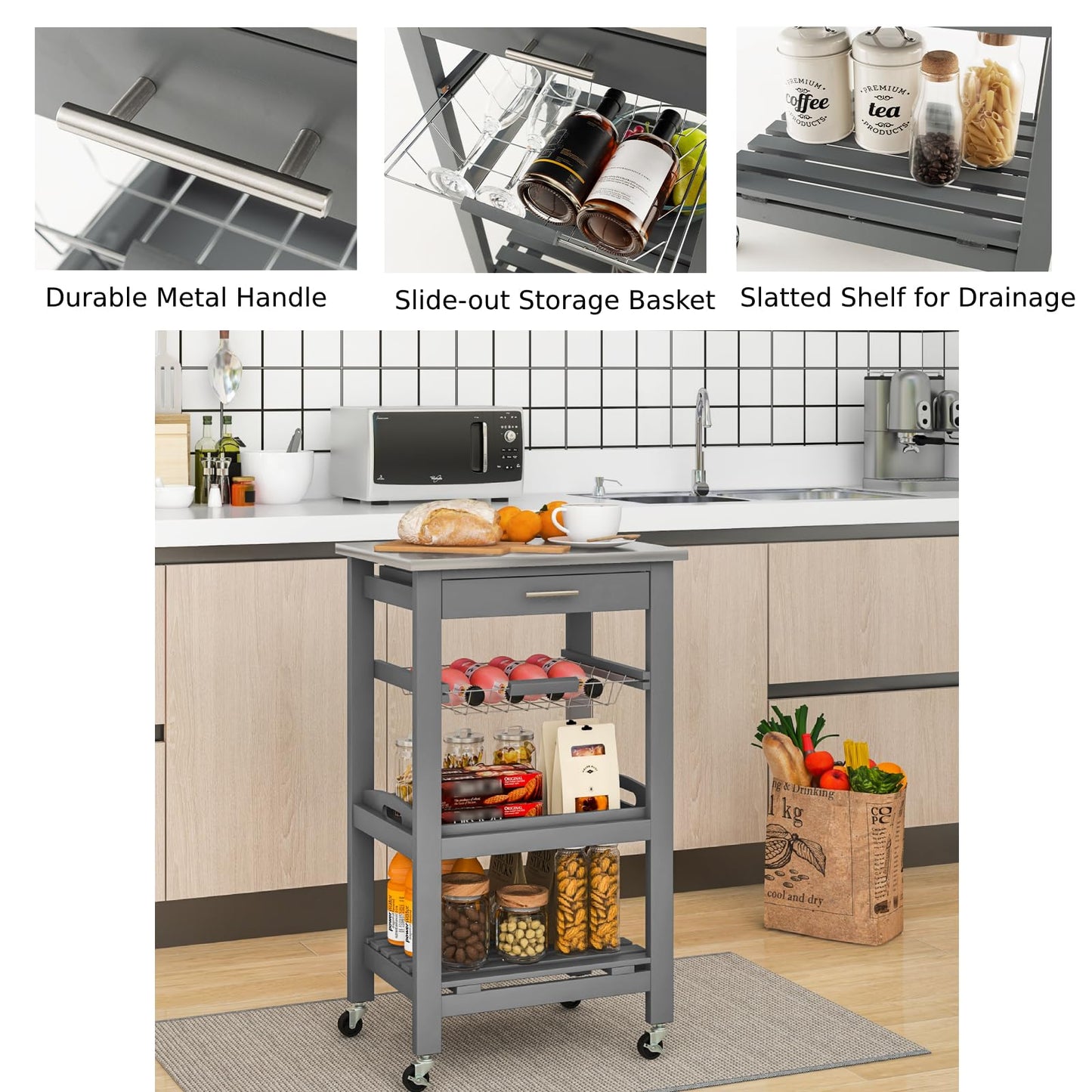 GiantexUK 4-Tier Kitchen Storage Trolley on Wheels, Rolling Storage Cart with Stainless Tabletop, Pull-out Drawer & Wire Basket