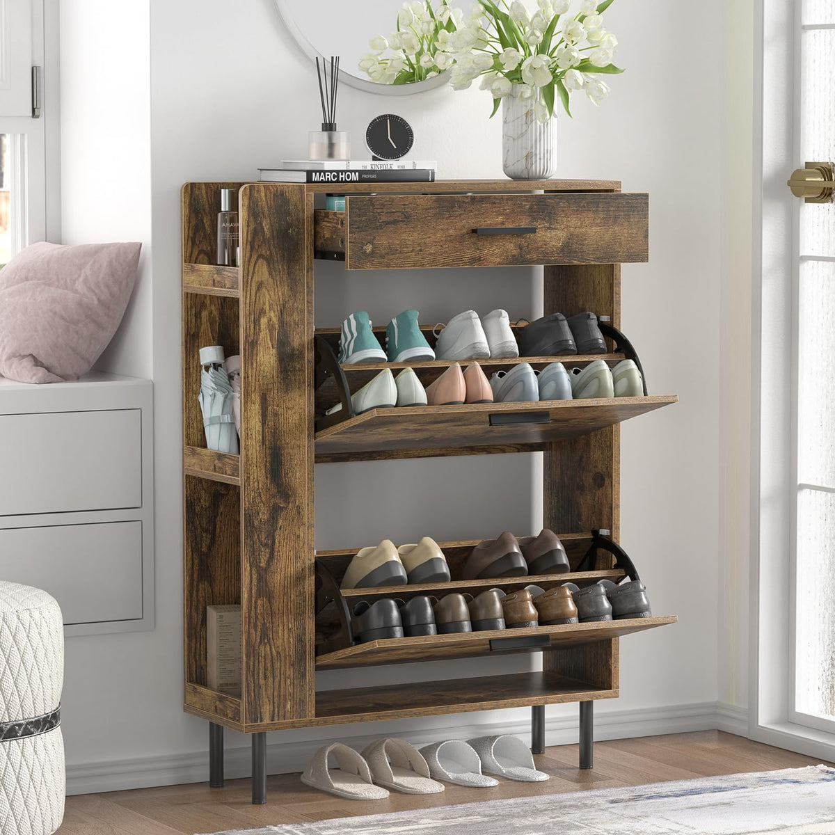 Yvsevnr Wooden Shoe Cupboard with 2 Flip Drawers and 3 Open Shelf Freestanding Entryway Storage Unit with Adjustable Shelves Shoe Storage Cabinet for