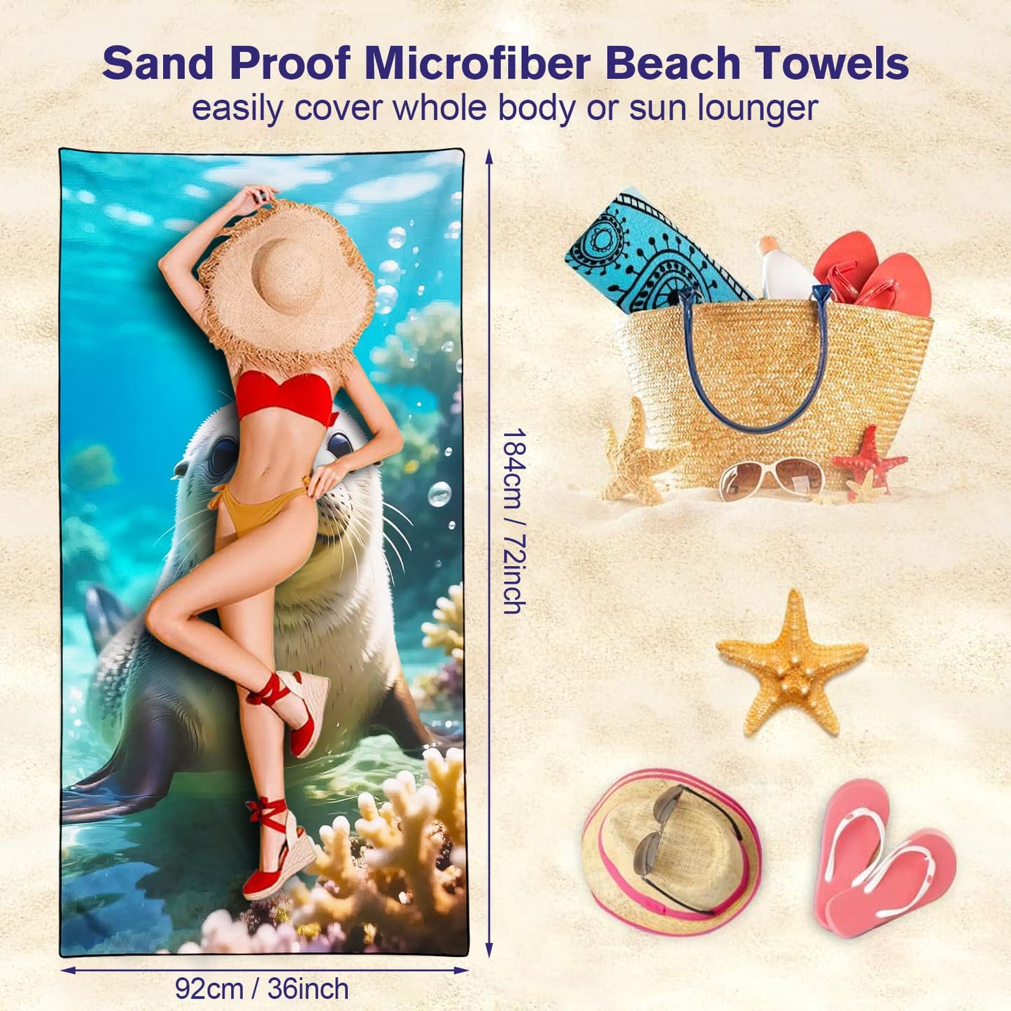 Violetpos Underwater Seal Beach Towel, Extra Large 180x90 cm 250GSM Microfibre, Sand Free Quick Dry