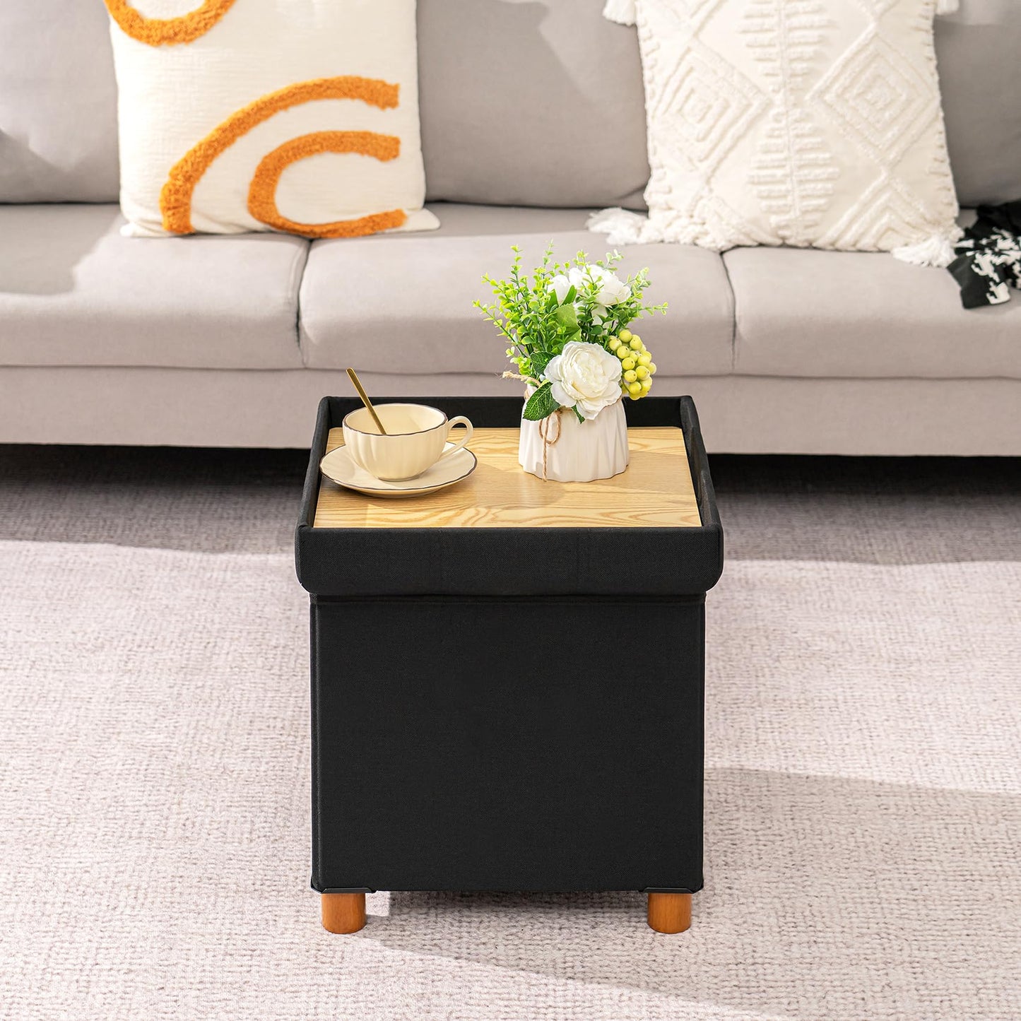 Bonlife Ottoman with Tray, Foldable Storage Box with Wooden Legs