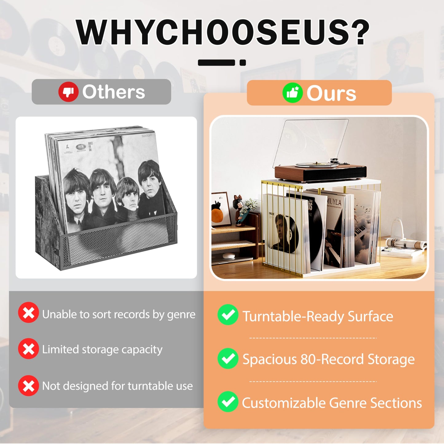 Emfogoo Vinyl Record Storage, Metal & Wooden Vinyl Record Holder Up to 80 LP Albums, 3-Compartment Record Player Stand for Magazine, Book, Files