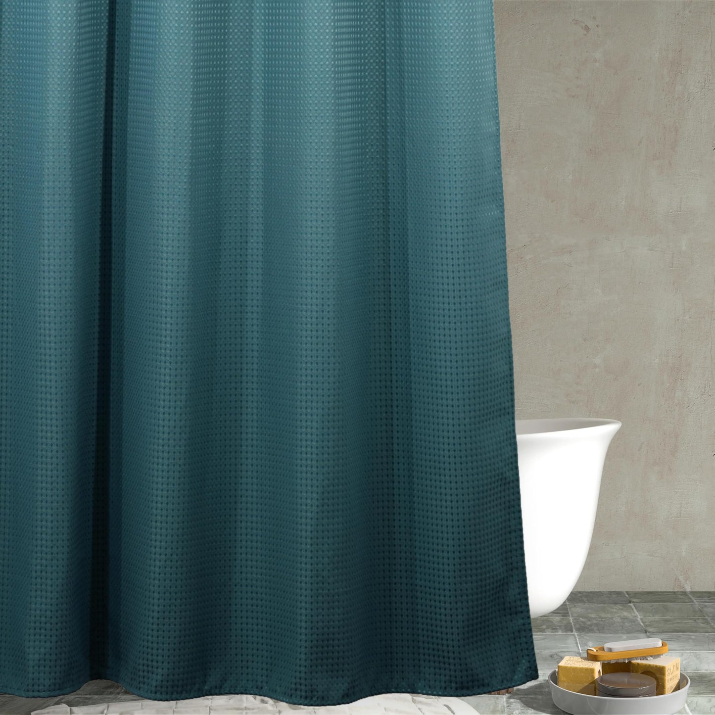 Teal Green Waffle Shower Curtain: Heavy Duty Textured Fabric Shower Curtain for Bathroom - Water Repellent Washable Thick Polyester Cloth Bath Curtain