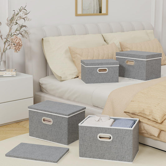 Yawinhe Large Storage Box with Lid 3 Pack, Collapsible Cubes Baskets, for Cupboards, Wardrobe, Shelves, 44x30x30cm, Grey, SNK023GX-3