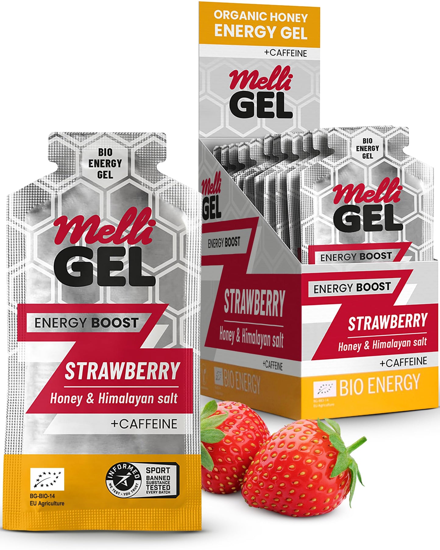 Energy Gel Strawberry and Caffeine MelliGEL ?100% Organic Energy Gels with Honey & Himalayan Salt?Electrolyte Balance?Take Before, During & After