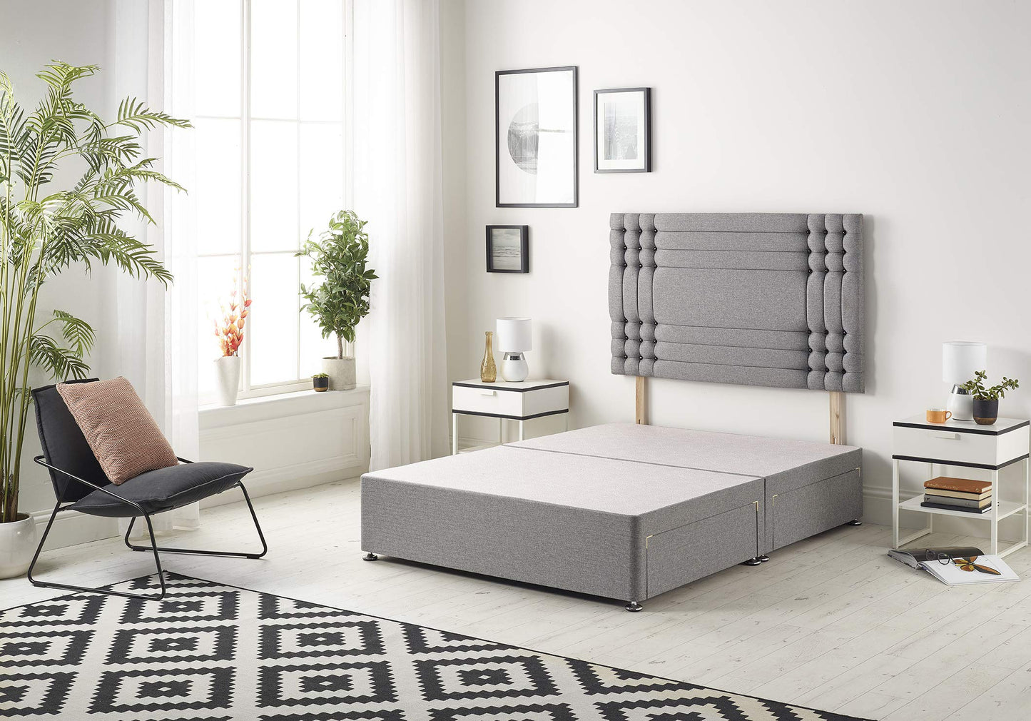 Bed Centre Flexby Divan Bed Base with Matching Headboard, No Drawers and in 3FT. 4FT. 5FT & 6FT (3FT Single, Tweed Charcoal Fabric)