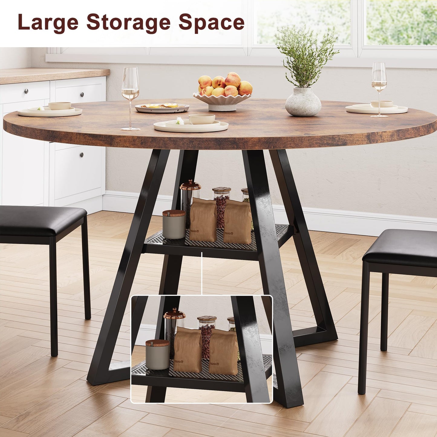 Jocoevol Round Dining Table for 2 People, Circle Dinner Table with Shelves, Space Saving Wood Kitchen & Dining Room Furniture (Vintage, 31 inch