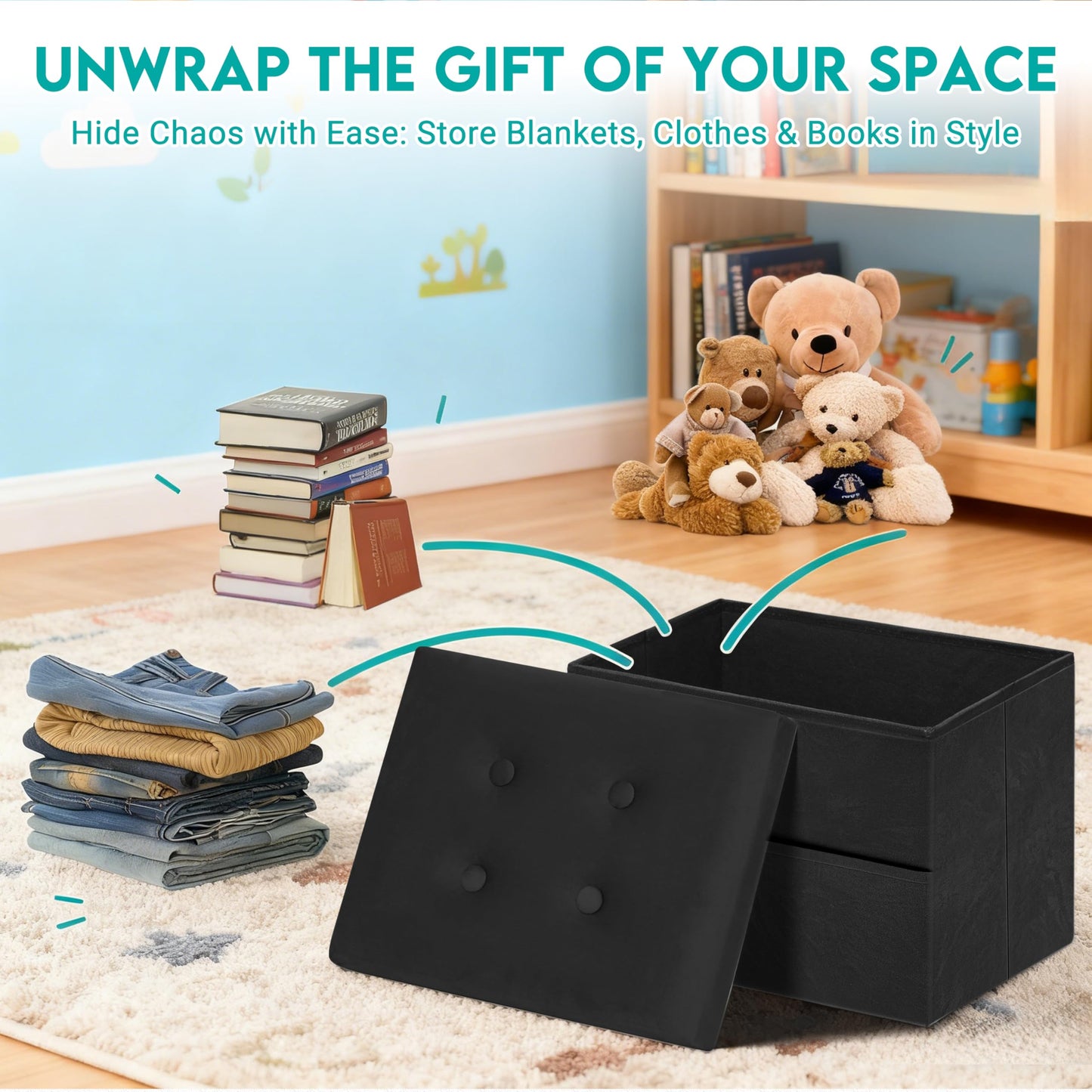 ZOESTORAGE Ottoman Storage,Small Black Ottoman Storage Box,Ideal for Living Room,Bedroom,Dorm,40 x 30 x 30 cm,Black