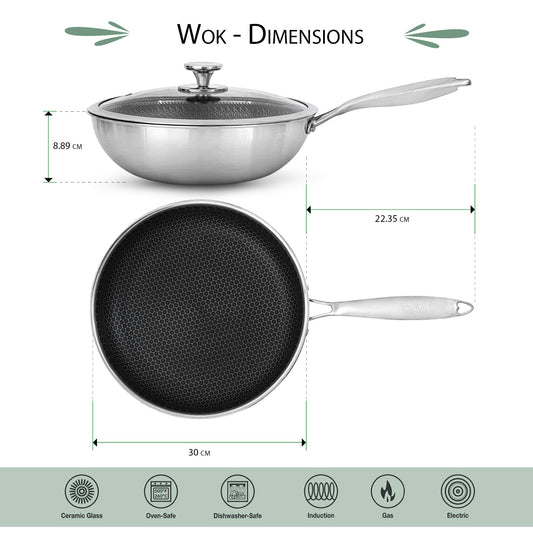 INTIGNIS Wok with Oven-Safe Lid - Anti Scratch Kitchen, for Sauting, Roasting, Broiling Large 30cm Stainless-Steel Skillet - German GREBLON