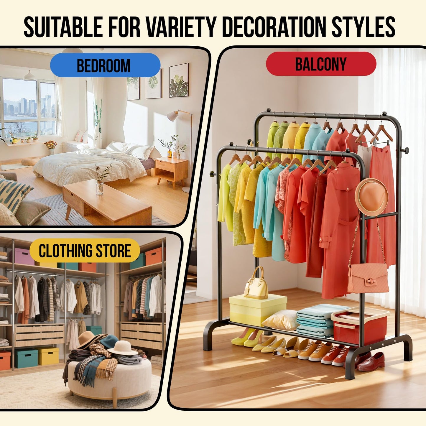 Clothes Rail With Shelves, Double Rods Clothing Rail for Bedroom, Black