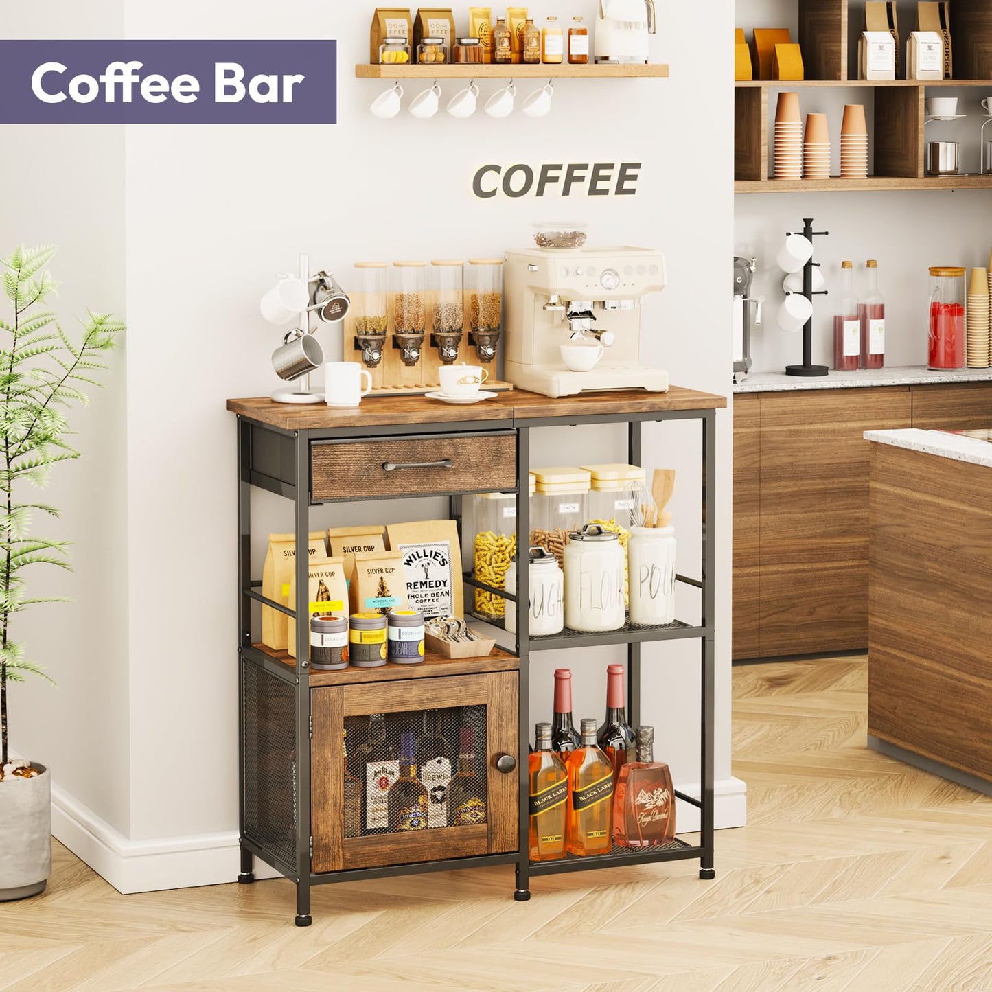 SWTYMIKI Farmhouse Coffee Bar Cabinet - Wood Metal Sideboard Buffet Storage
