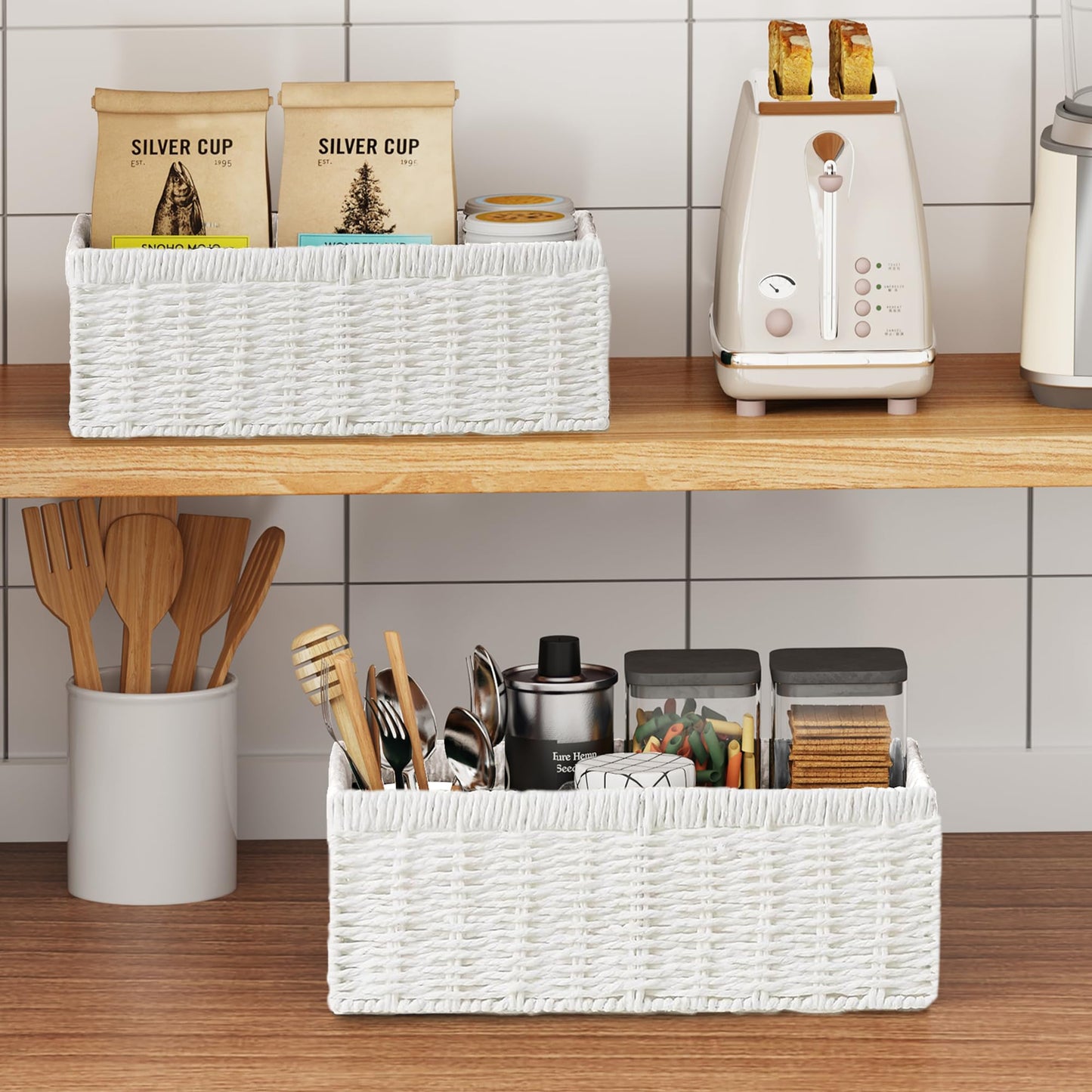 Vagusicc Wicker Storage Basket, Set of 2 Handwoven Storage Baskets for Shelves, Organiser Storage Basket with Handles, Toilet Paper Basket