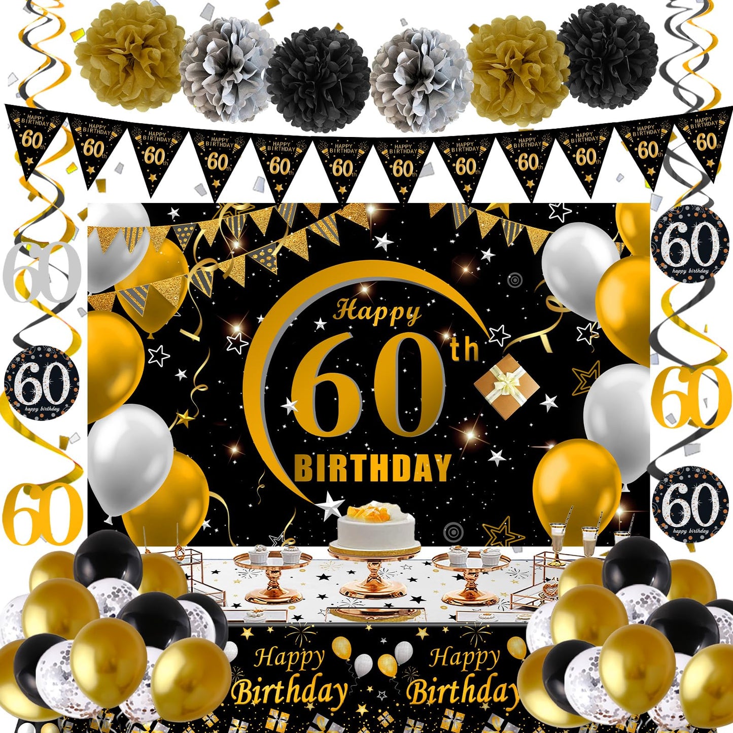 60th Birthday Decorations for Men Women, 60th Birthday Banner Backdrop Balloons Black and Gold, Happy 60 Bday Decorations Banners Tablecover Triangle