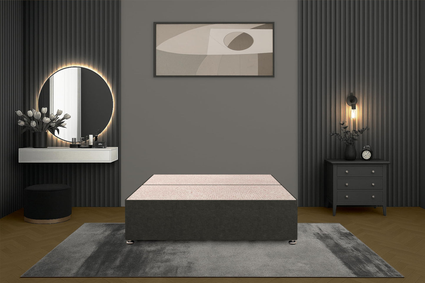 Bed Centre Bliss Grey Linen Divan Base with Optional Drawers and Headboard (4FT6 Double, 2 Drawers Same Side No Headboard)