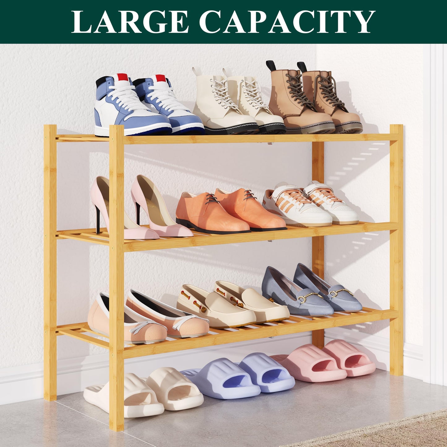 smiry Natural Bamboo Shoe Rack, 3 Tier Wooden Stackable Shoe Storage Organiser, Free Standing Shoes Storage Shelf for Entryway, Hallway, Small Spaces