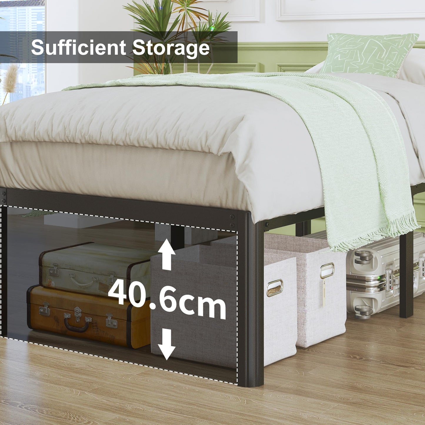 Lutown-Teen High Double Bed Frame 4ft6 with Rounded Corner Legs, Heavy Duty Metal Bed Frame Small Double with Steel Slats Support, Double Bed 46 cm