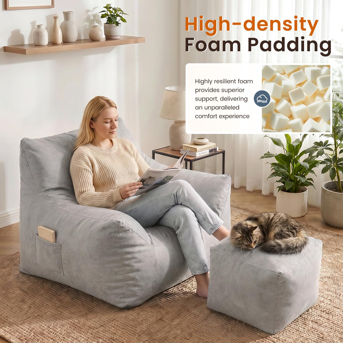 Pamapic Bean Bag, Bean Bag Chair Indoor Outdoor Weather Resistant, Large Beanbag Sofa with Footstool, BeanBag Adult with FIlling Included