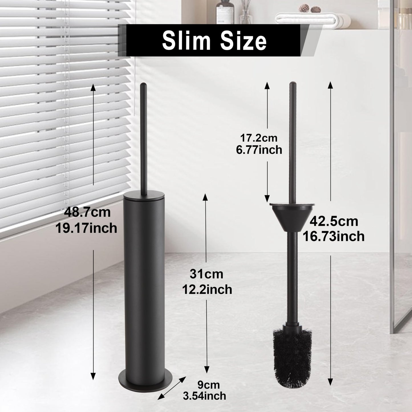 BVL Toilet Brush, Grey, Metal Toilet Brush Including 2 Brush Heads, Slim Design Toilet Brush Round for the Bathroom