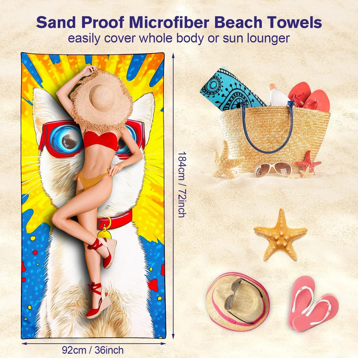 Violetpos Comic Style Glasses White Cat Beach Towel for Kitty Lovers, Extra Large 180x90 cm 250GSM Microfibre, Sand Free Quick Dry