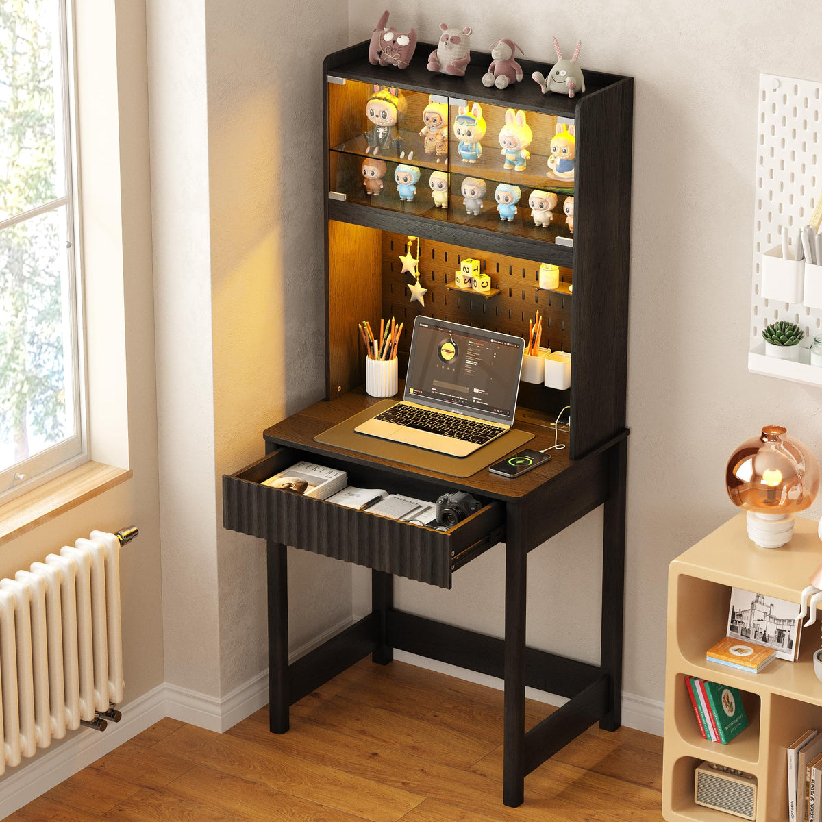 Small Computer Desk with Socket and Sliding Lamp for Home Office,Black