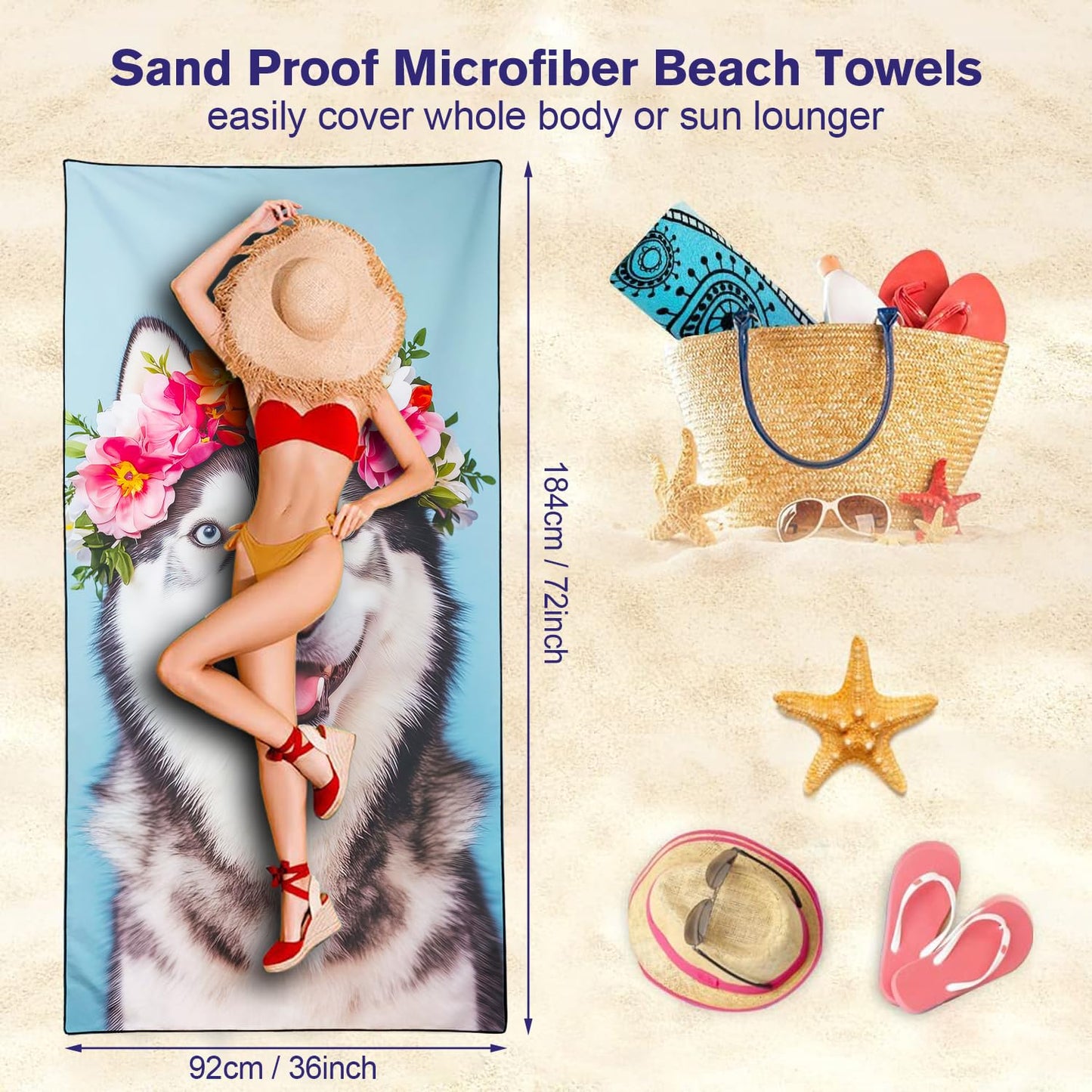 Violetpos Floral Wreath Husky Beach Towel for Dog Lovers, Extra Large 180x90 cm 250GSM Microfibre, Sand Free Quick Dry