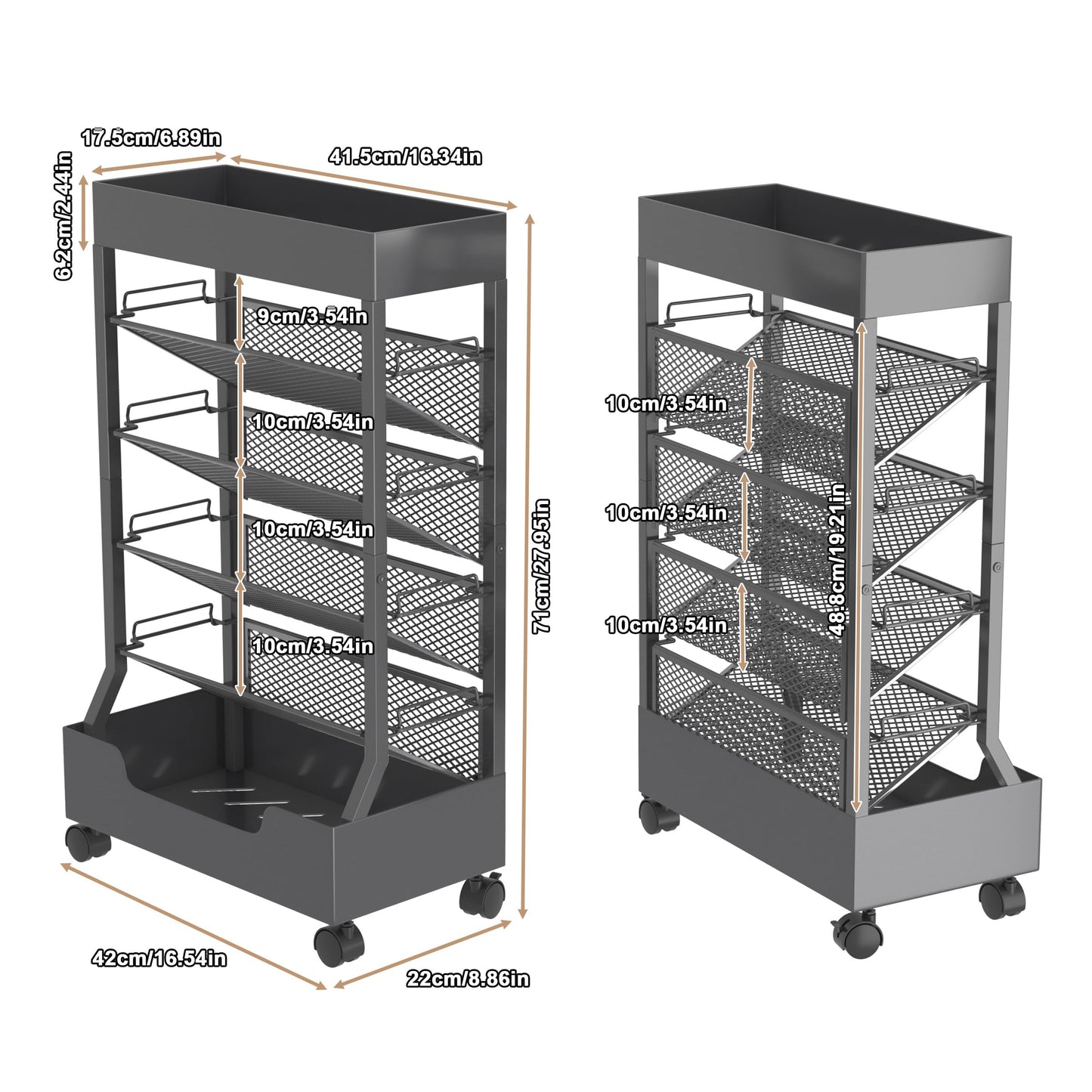 Ornestia Metal Book Trolley, Mobile Storage Bookcase with Wheels(Grey)