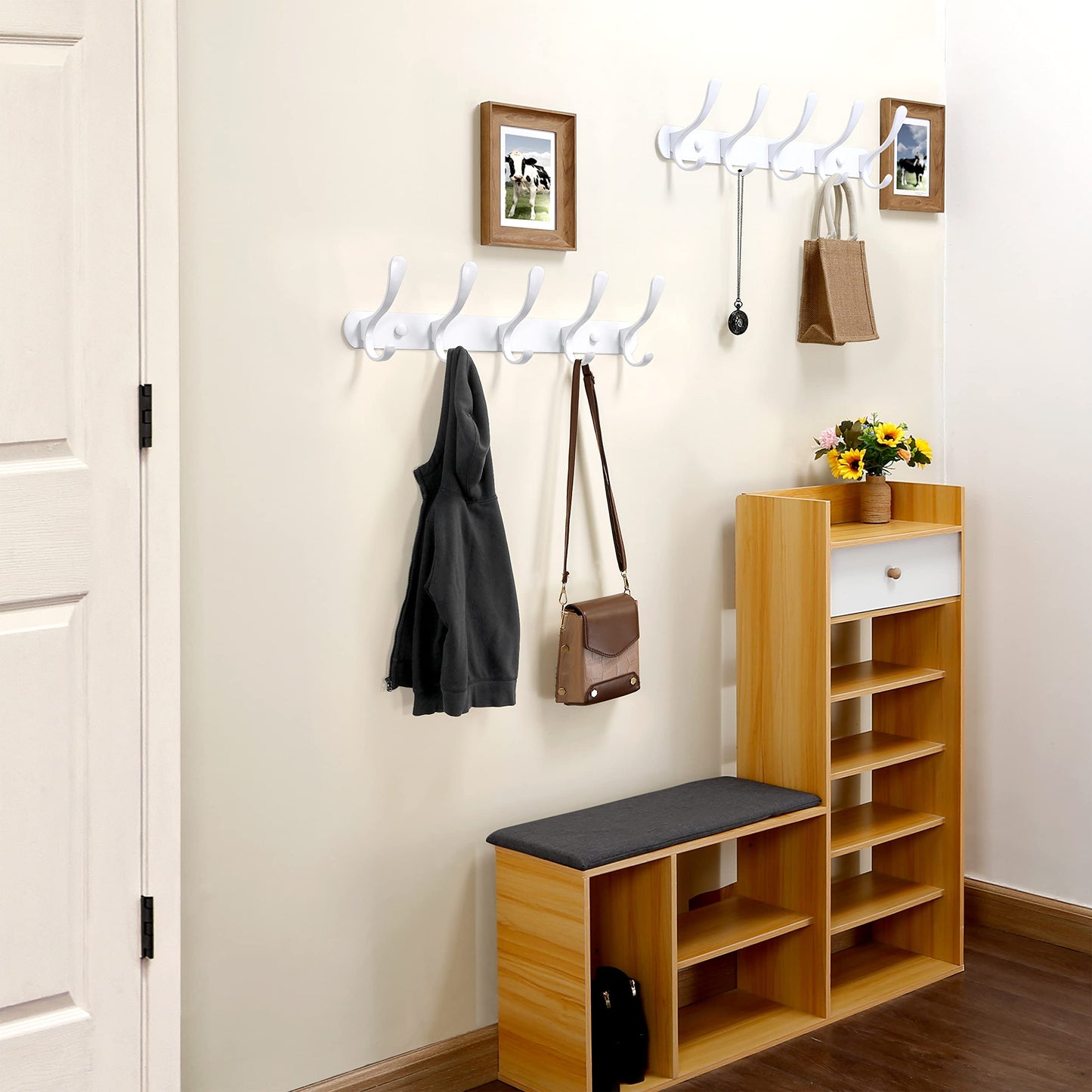 SKOLOO Modern Metal Coat Rack Wall Mount with 5 Hooks, Pack of 2, Sturdy Wall Coat Hooks for Hanging Coats, Jacket, Clothes, Hat, White