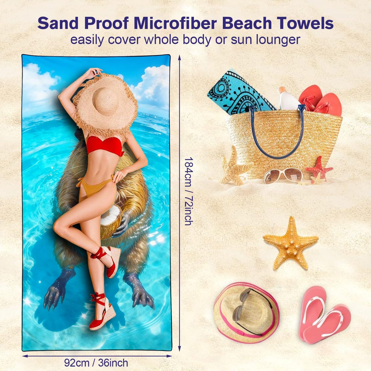 Violetpos Coconut Capybara Beach Towel, Extra Large 180x90 cm 250GSM Microfibre, Sand Free Quick Dry