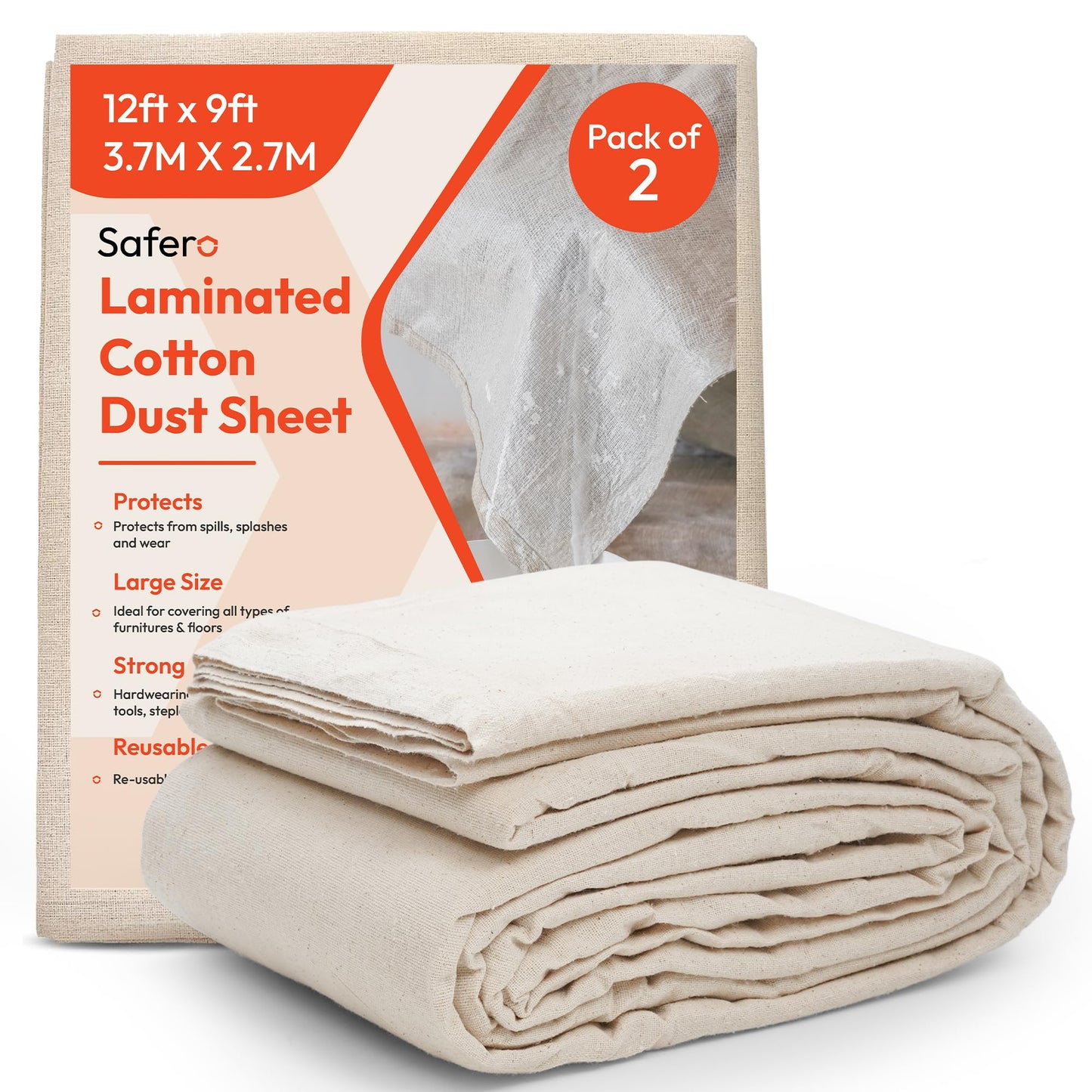 Pack of 2 Laminated Cotton Dust Sheets for Decorating & Painting Size 12ft X 9ft | Waterproof Paint Cover Sheets Backed with Plastic Polythene