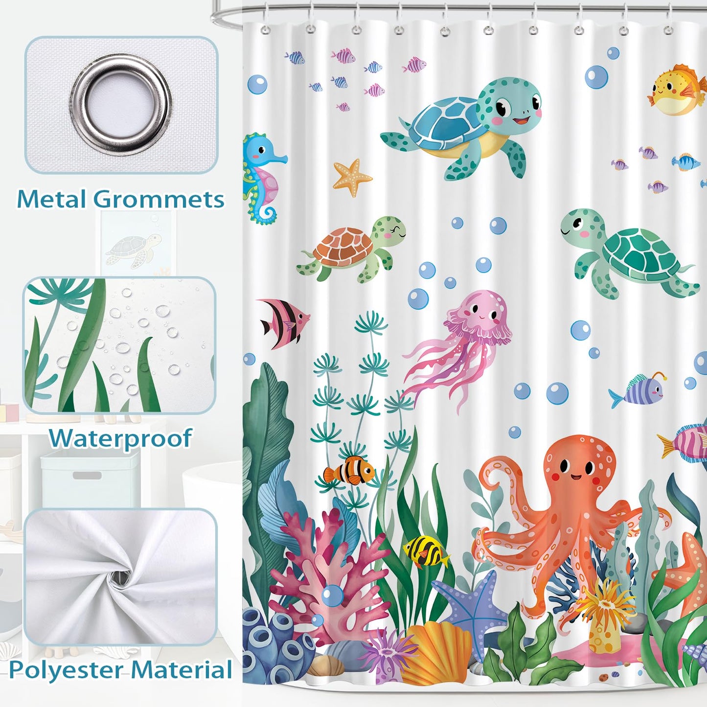 hometerixx Kids Beach Ocean Turtle Jellyfish Coral Shower Curtain 72X72Inch
