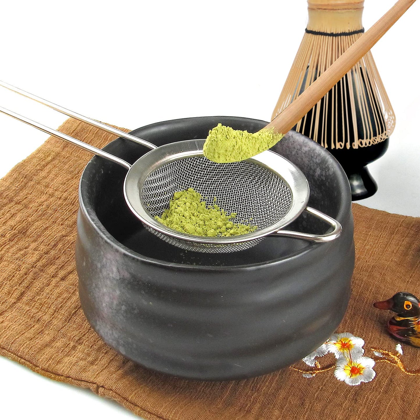 Artcome 10-Piece Japanese Matcha Tea Set - Bowl, Whisk, Scoop, Spoon, Cloth, Bamboo Holder, Powder Caddy, Strainer (Black)