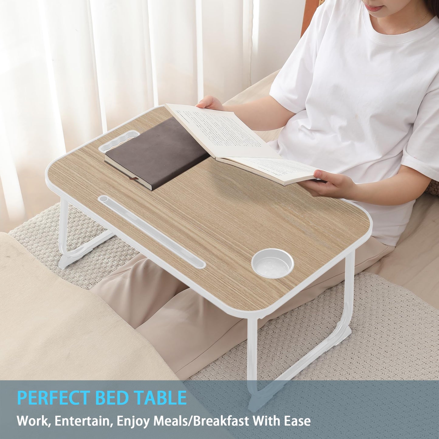 Laptop Bed Desk, Lap Desk Breakfast Tray Table for Eating, Reading, Writing, Laptop Stand for Bed, Sofa, Home and Office (Wood)