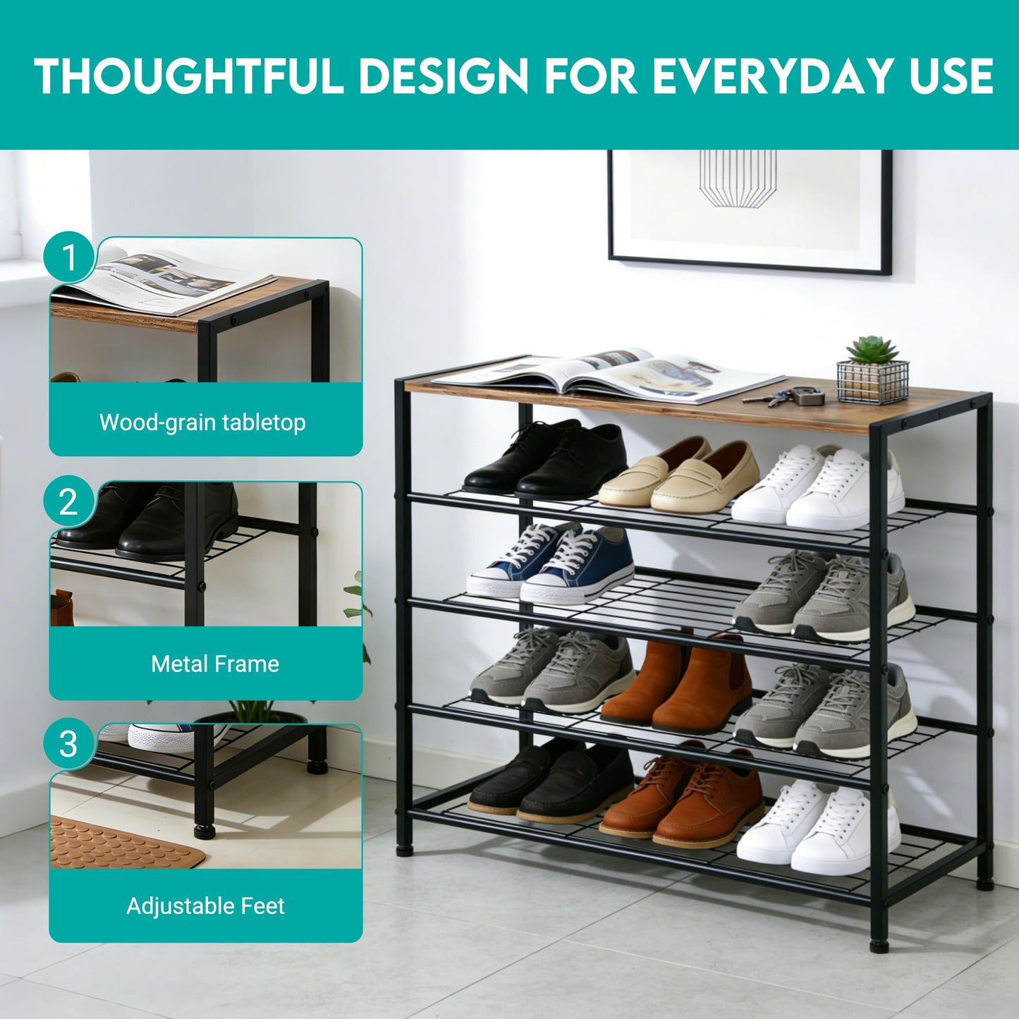 ZOESTORAGE Shoe Rack,5 Tier Shoe Racks for 16 Pairs,Metal Shoe Rack With Wooden Seat for Hallway, Entryway, Living Room,60 x 30 x 85cm,Rustic Brown