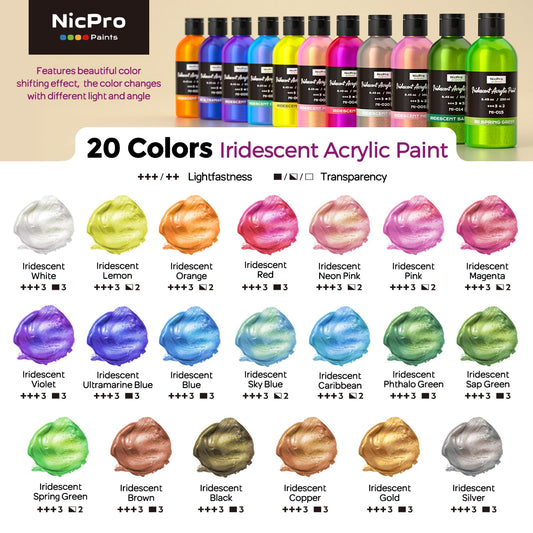 Nicpro 20 Colors Iridescent Acrylic Paint, 8.45oz / 250ml Large Bulk Metallic Acrylic Paint,Color Shifting & Non-Toxic Art Painting Supplies For