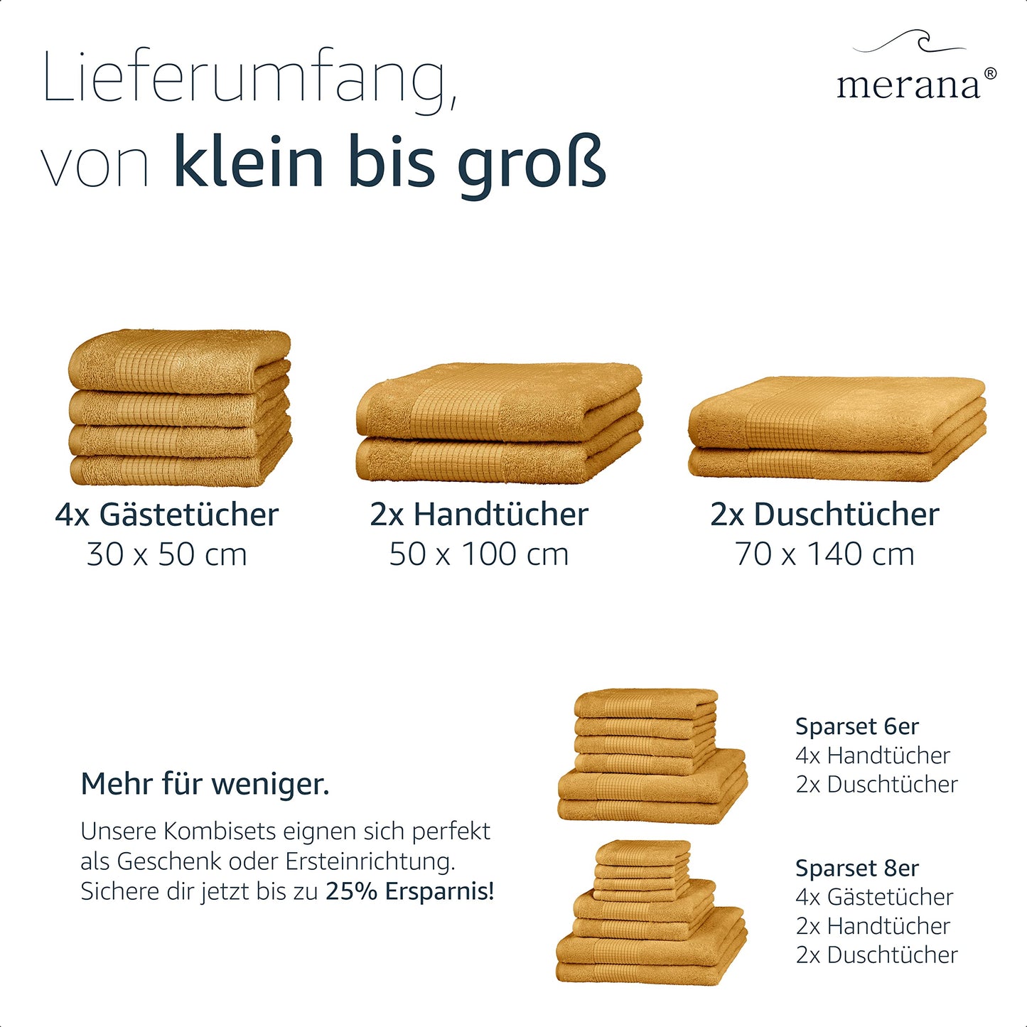 Merana Hand Towel Set, Absorbent, Soft and Lint Terry Towel Quality Made of Heavy Organic Cotton 590 GSM (Mango Gold, 2 x Bath Towels (70 x 140 cm)