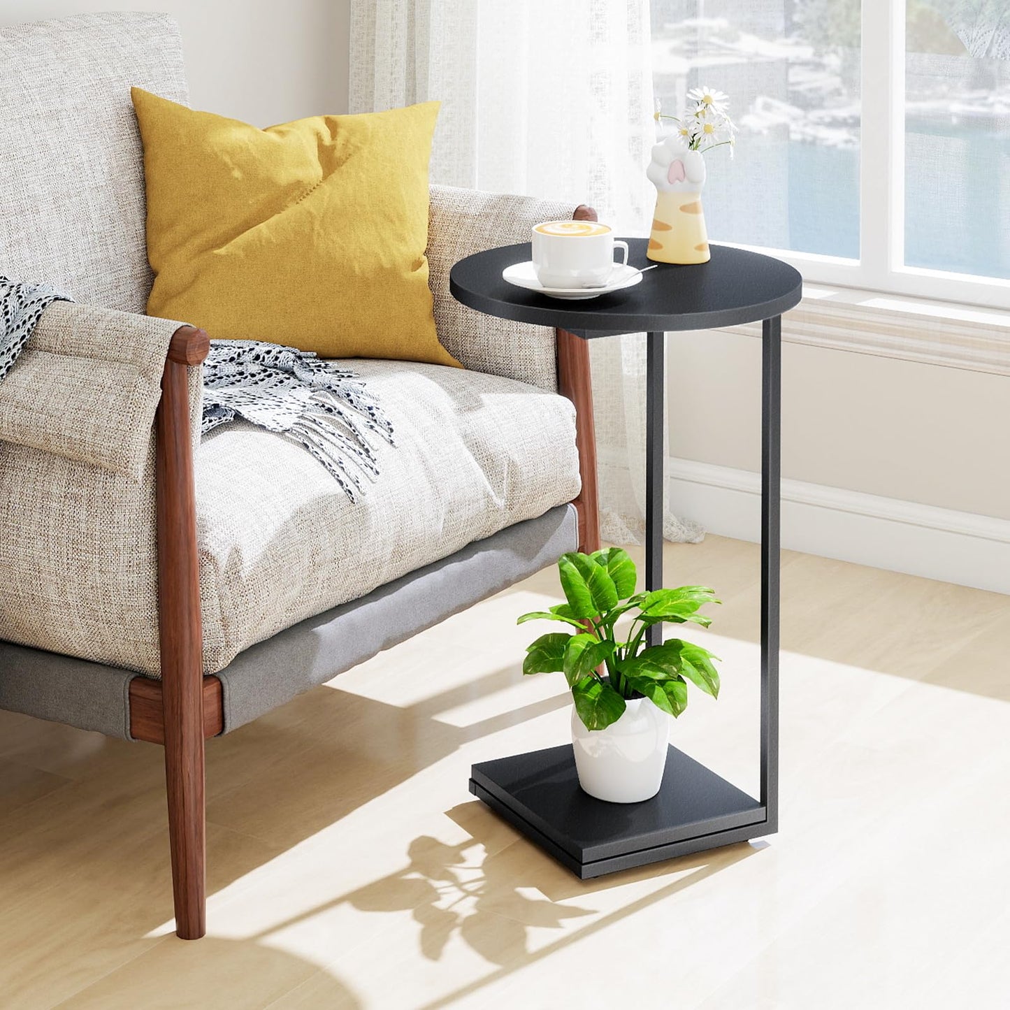 HDANI C-Shaped Side Table,Round End Table under Sofa,Bedside Table,Sofa Side Table with Metal Frame,Small Coffee Snack Table for Living Room