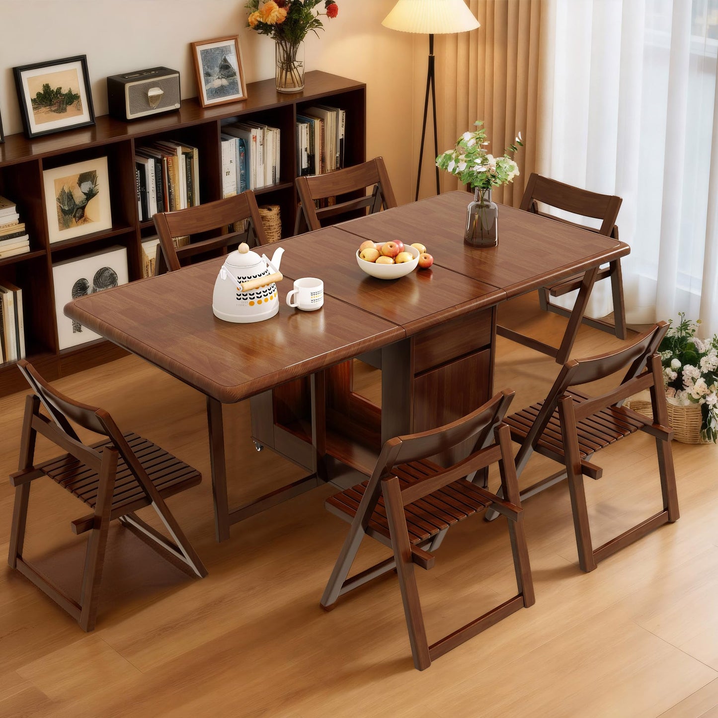GildedGrove Walnut Foldable Dining Table Retro Design, Mobile on Casters with Storage Compartment, Space-Saving 1.3/1.5 Metre Long Table for Kitchen