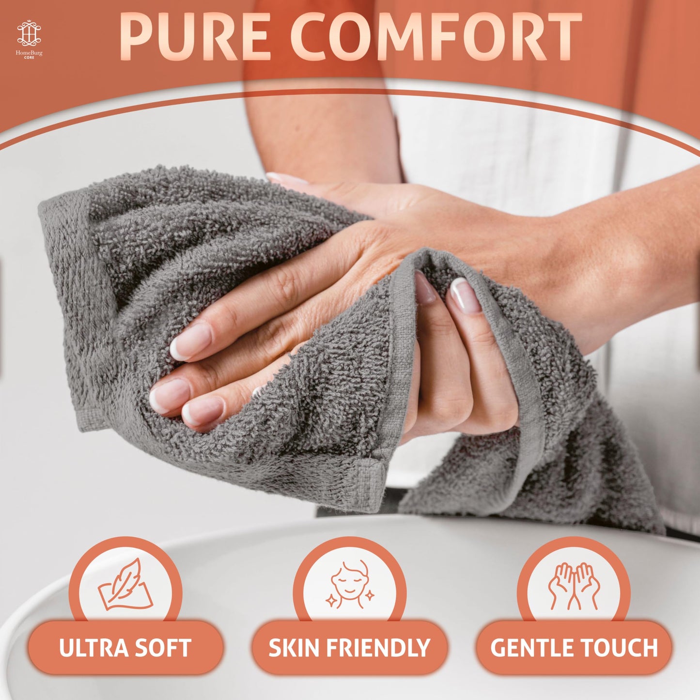 HomeBurg CORE 10-Piece Cotton Washcloths for Bathroom and Kitchen