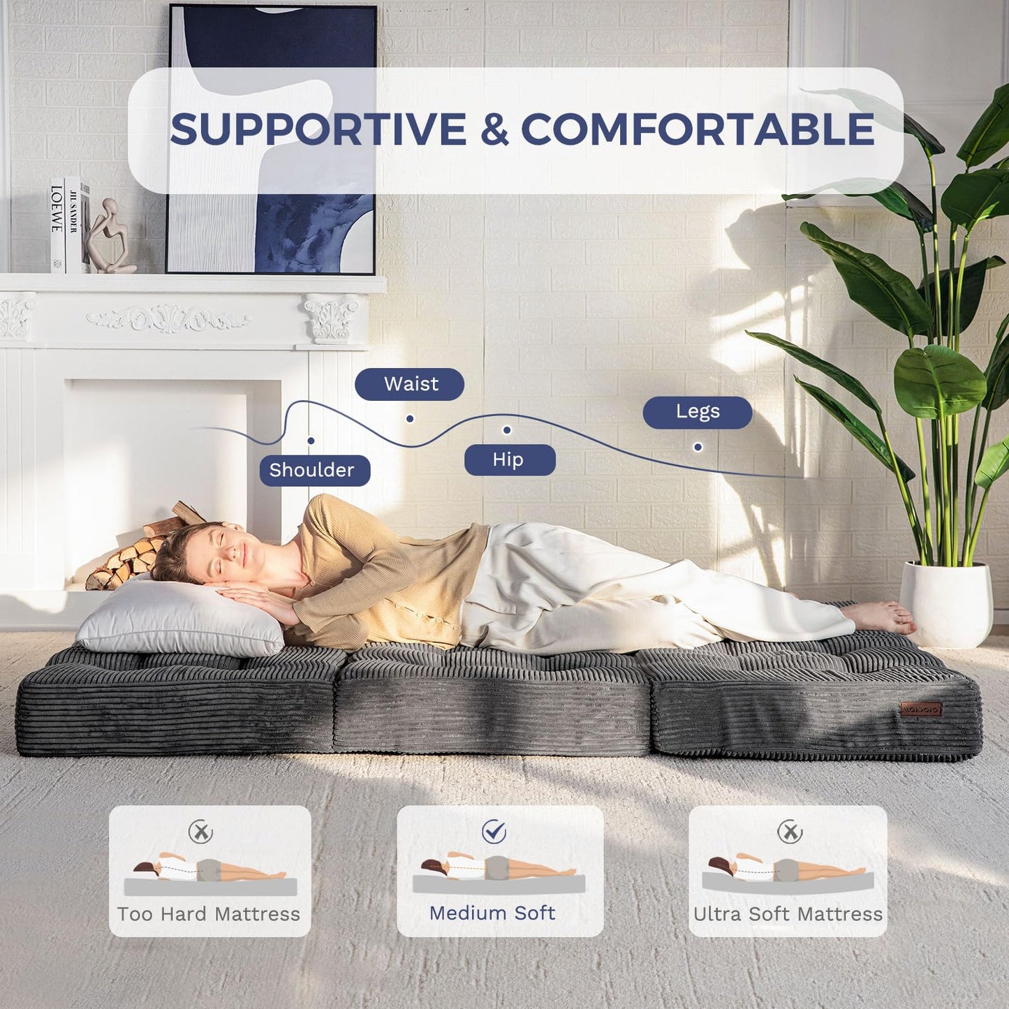 MAXYOYO Folding Mattress, Comfy Corduroy Foldable Mattress with 15cm Thicken Foam, Tri-Fold Floor Futon Sofa Bed for Guest,Dark gray,Single
