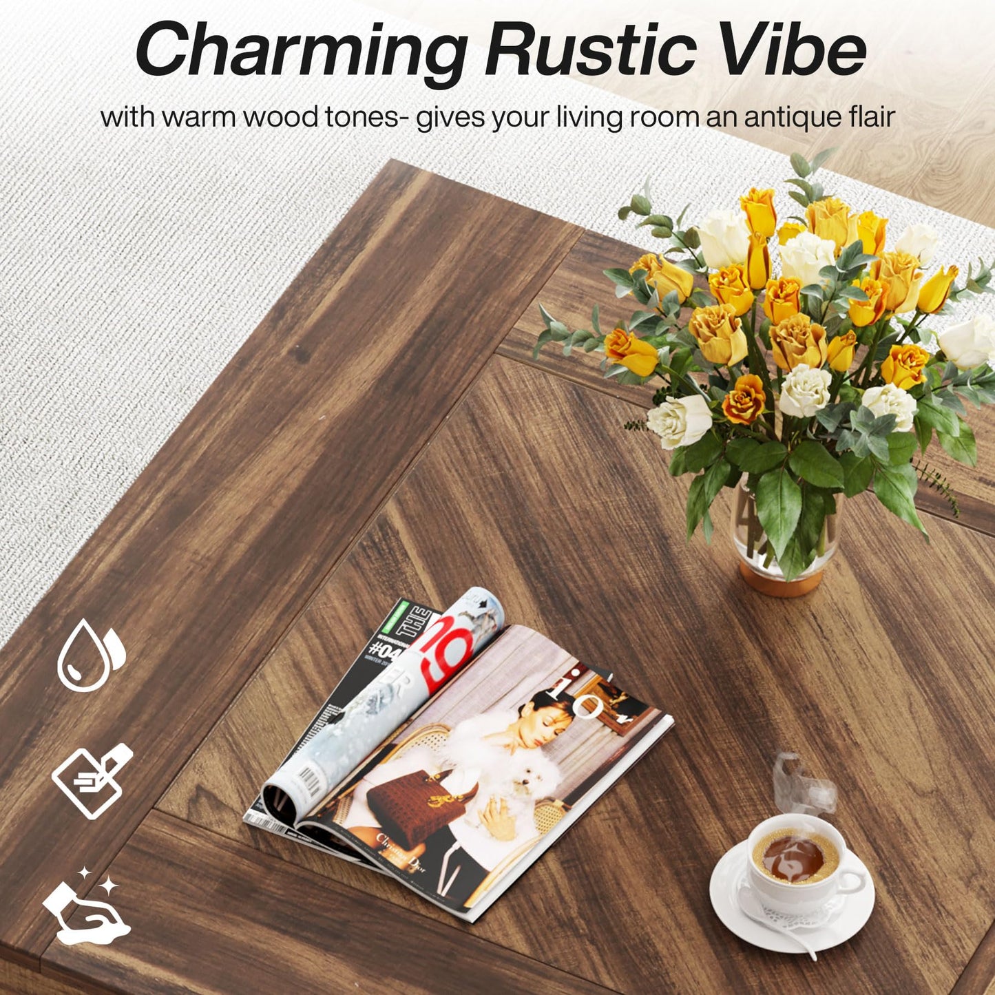Tribesigns Square Coffee Table, Wood Coffee Table for Living Room, 31.5" Modern Center Table Tea Table Accent Table, Rustic Brown & Black