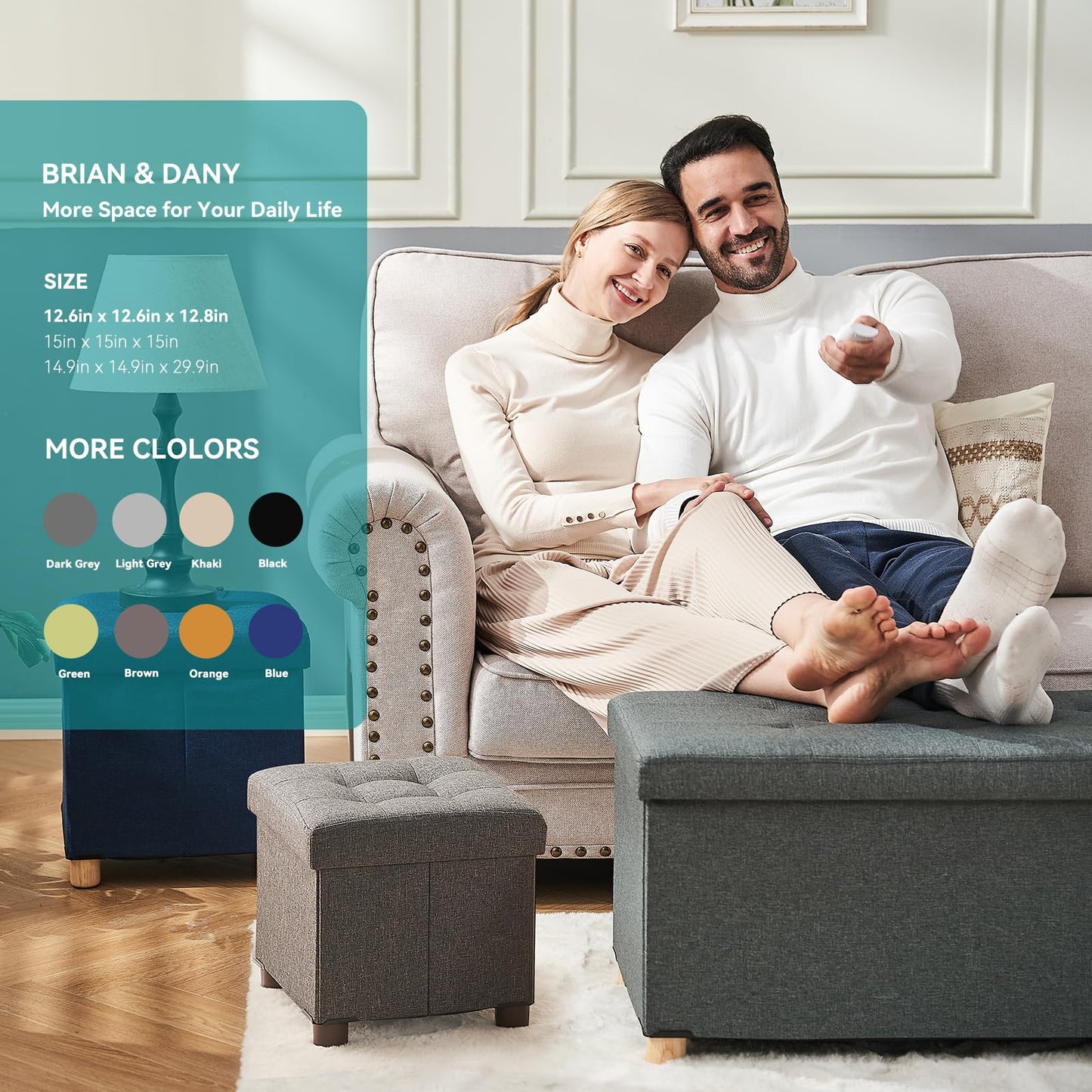 BRIAN & DANY Folding Storage Ottoman with Wood Legs, Linen Foot Stool, Storage Chest with Highly Elastic Sponge Filling, Gray, 38 x 38 x 38 cm
