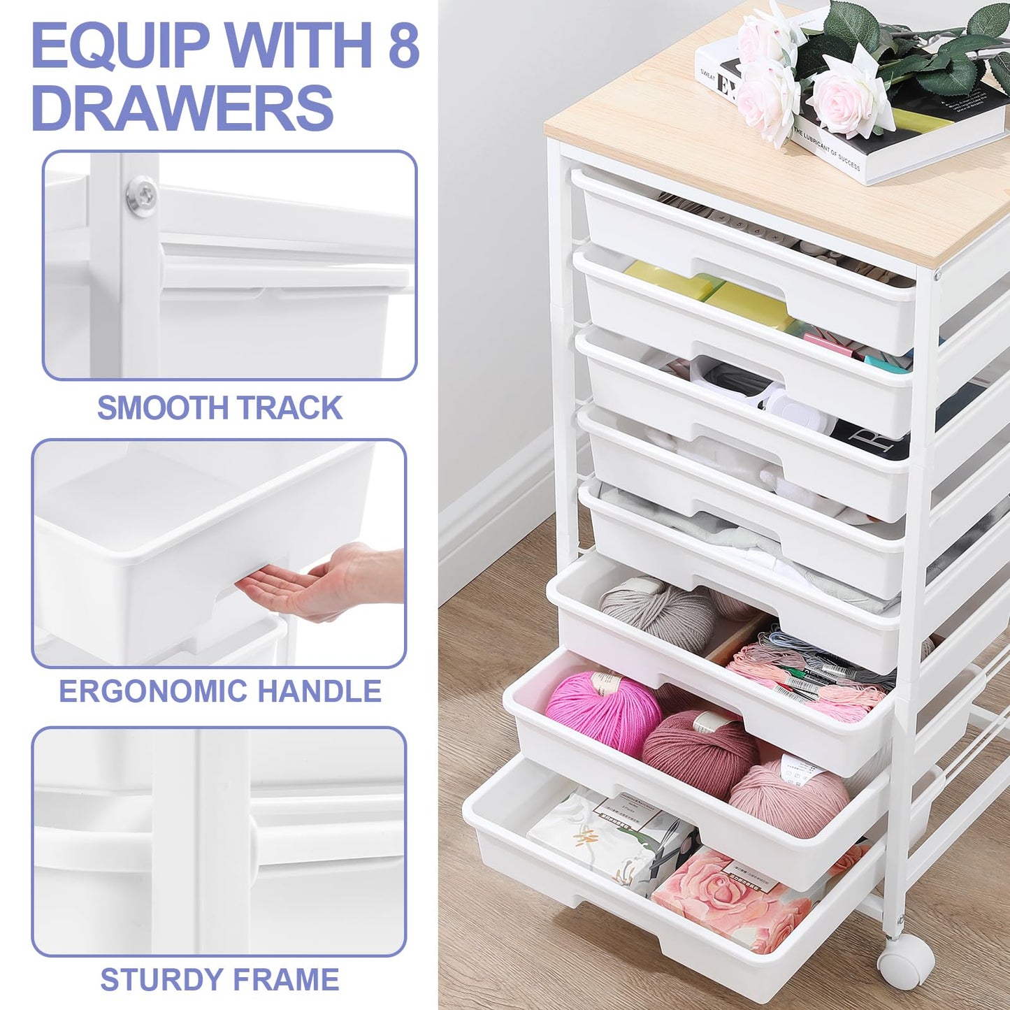 SYKIARIOL 8-Drawer Storage Trolley Rolling Cart with Lockable Wheels, White