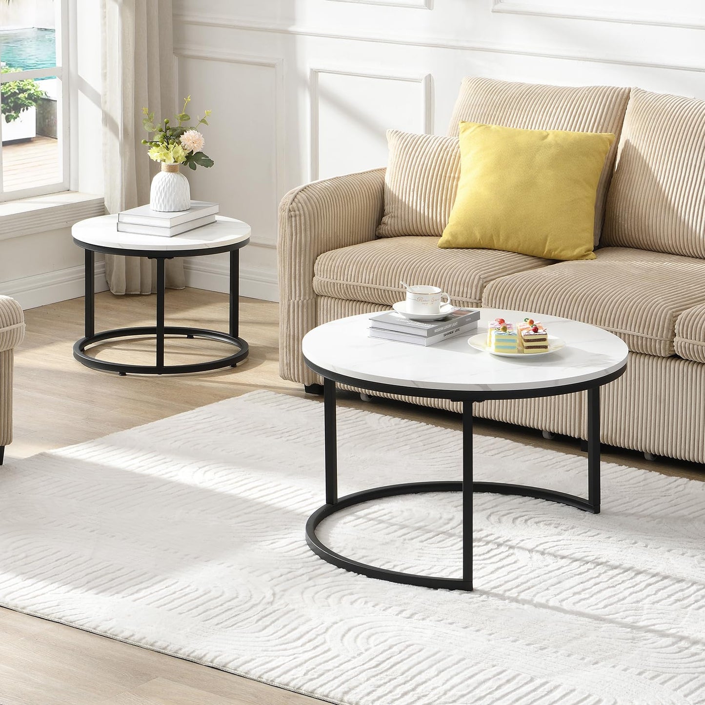 Coffee Table, Modern Side Table, Round Nesting Tables Tet of 2, Round Coffee Table for Living Room, Bedroom, Office, 70cm*50cm, White