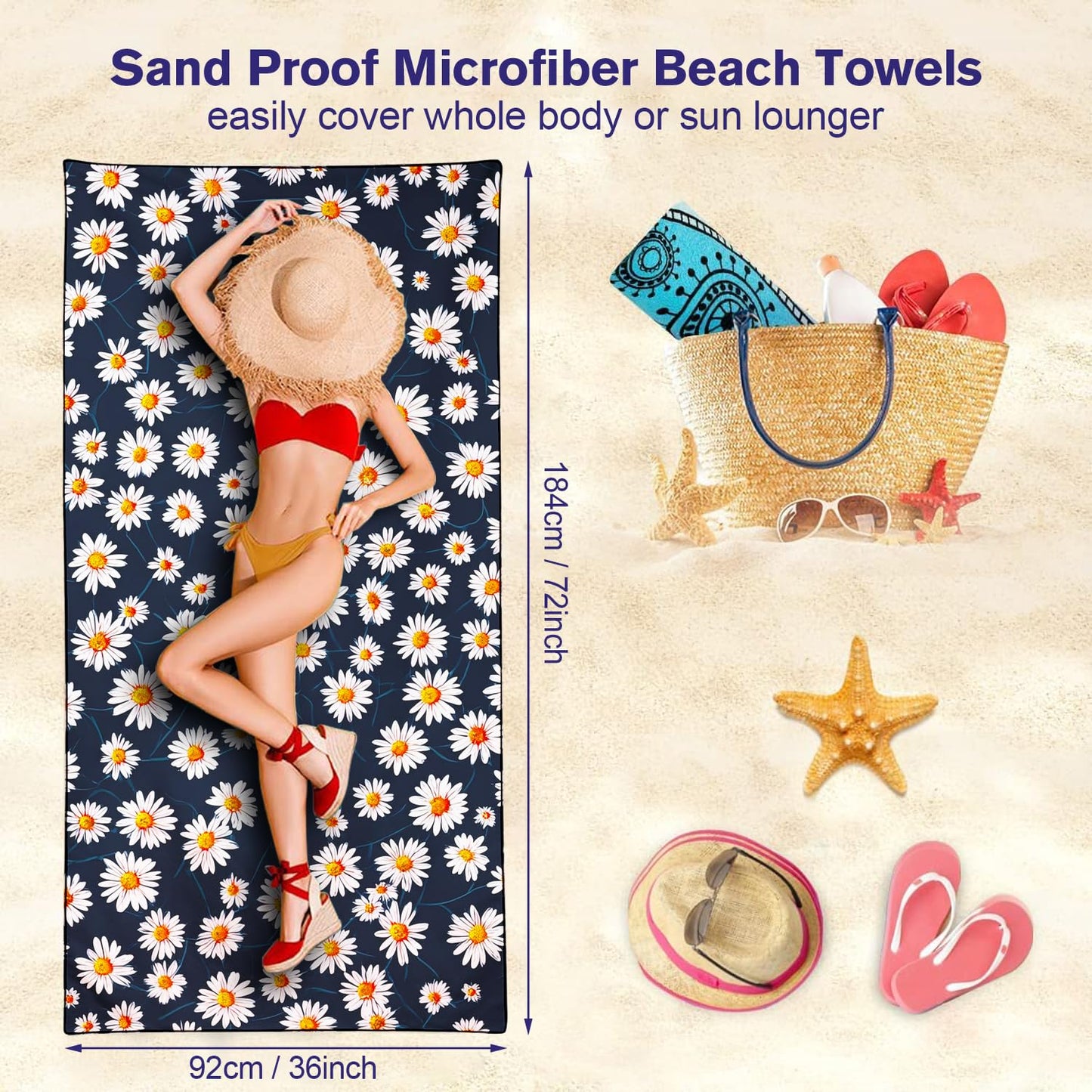 Violetpos Daisy Print Beach Towel, Extra Large 180x90 cm 250GSM Microfibre, Sand Free Quick Dry