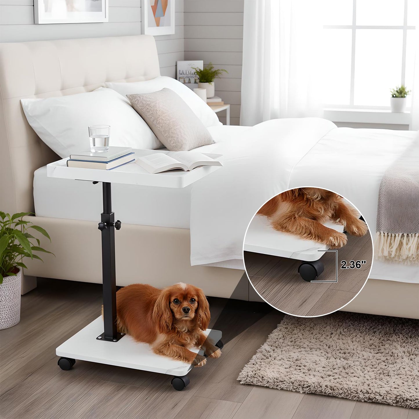 YYW C Shaped Side Table, Height Adjustable Bedside Table with Wheels, 360°Swivel Sofa End Tables, Wooden Coffee End Table for living Room Bedroom