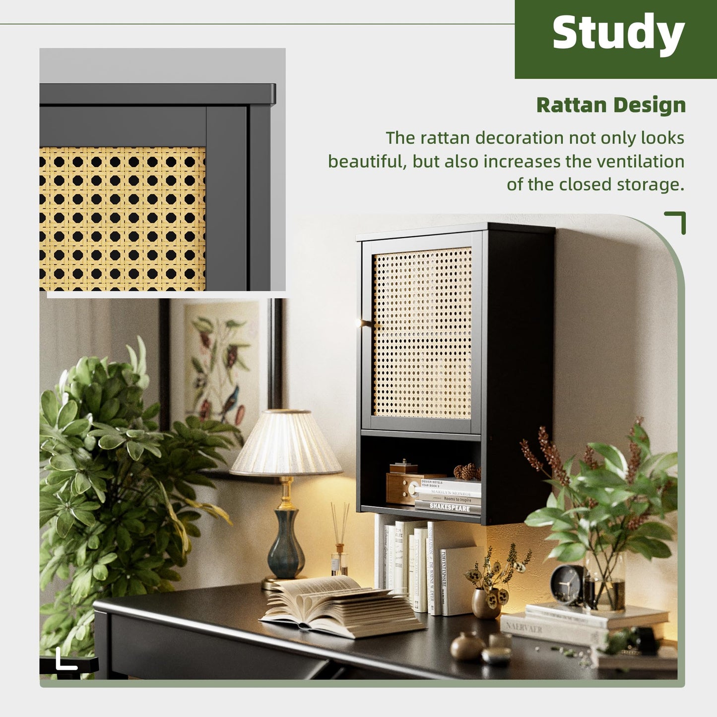 vovala Bathroom Wall Cabinet, Bamboo Over-The-Toilet Storage Organizer with Rattan Doors and Adjustable Shelf