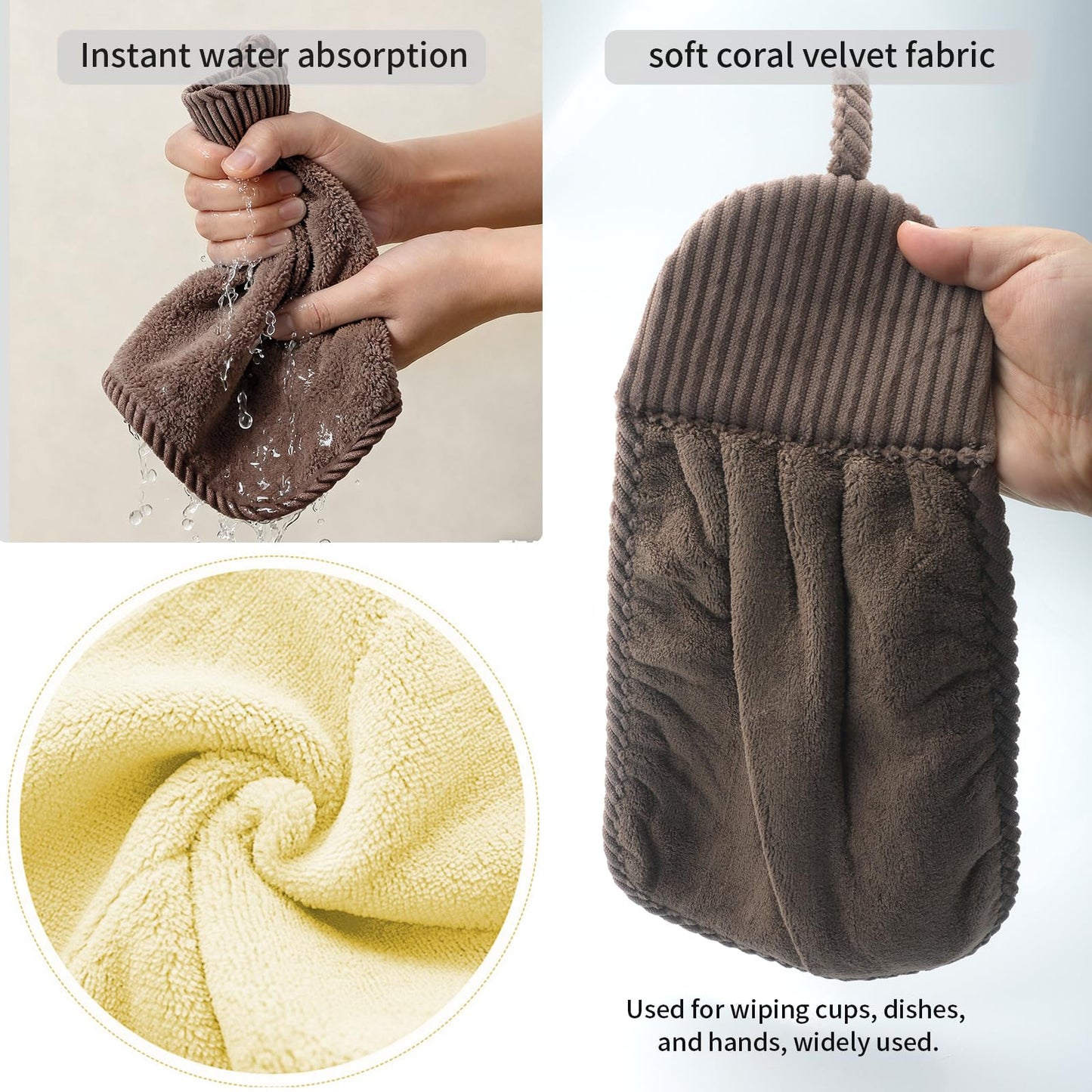 LHNNDM 3 Pack Microfibre Soft Hand Towels, Super Water Absorbent Towel with Hanging Loops for Bathroom Or Kitchen, Hanging, Soft, Absorbent