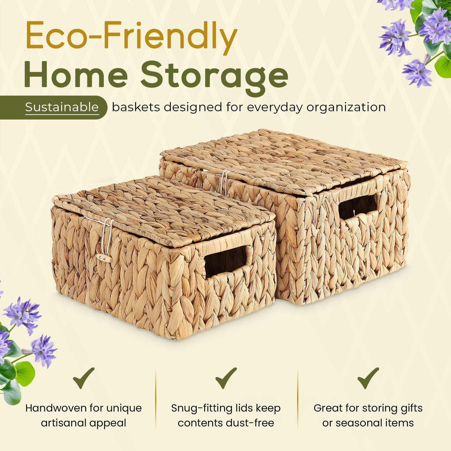 MOOKOMI set of 2 wicker basket with lid - water hyacinth storage baskets, woven basket with lid for organizing