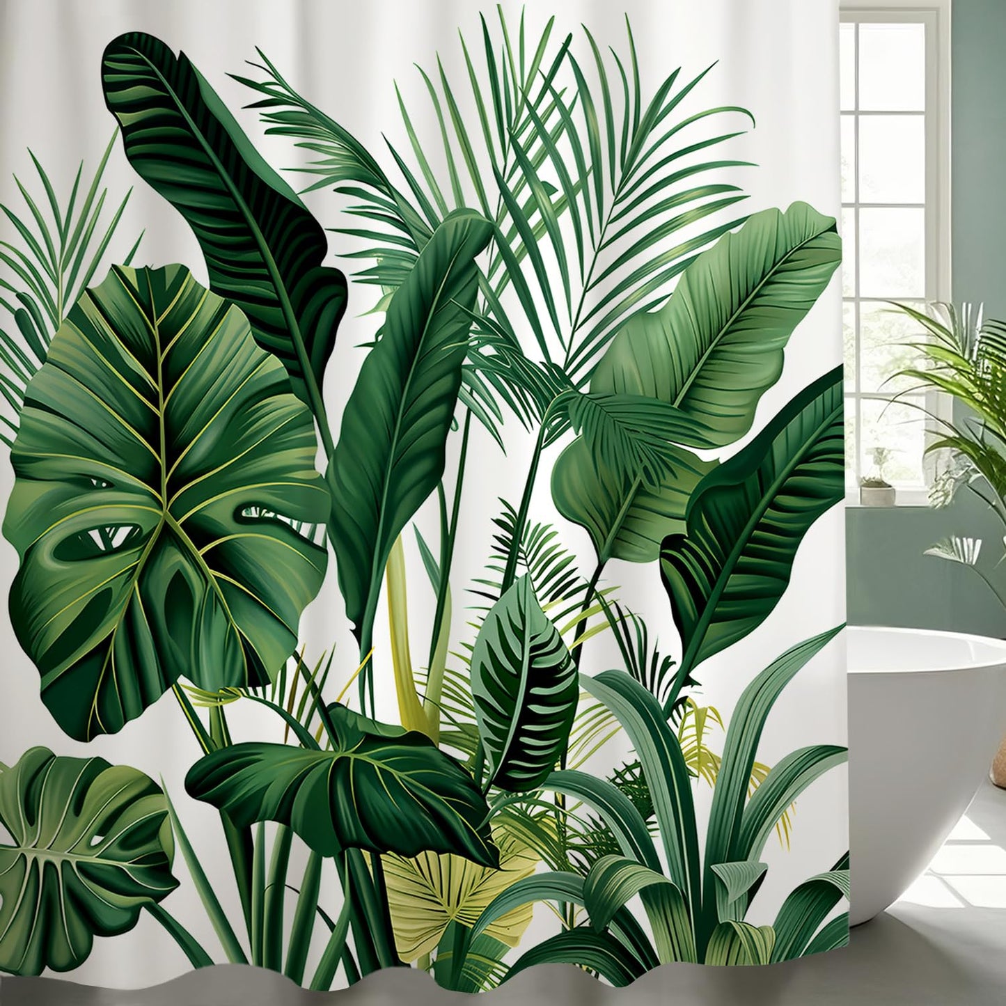 NEJLCTOROUS Shower Curtain Green,Tropical Leaves Bathroom Curtain 180 x 180 cm,Polyester Washable Fabric Leaf Plant Bath Curtain with 12 Hooks for Wet