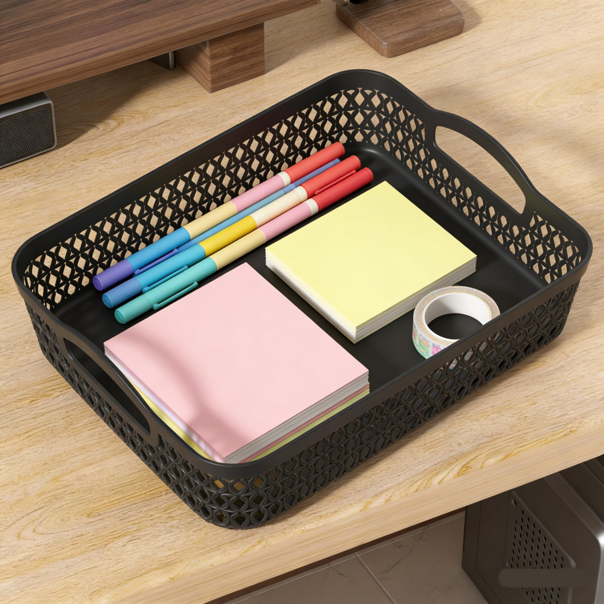 Afromy 6-Pack Plastic Shallow Storage Basket Tray, Shallow Kitchen Storage Tray for Shelves, Black