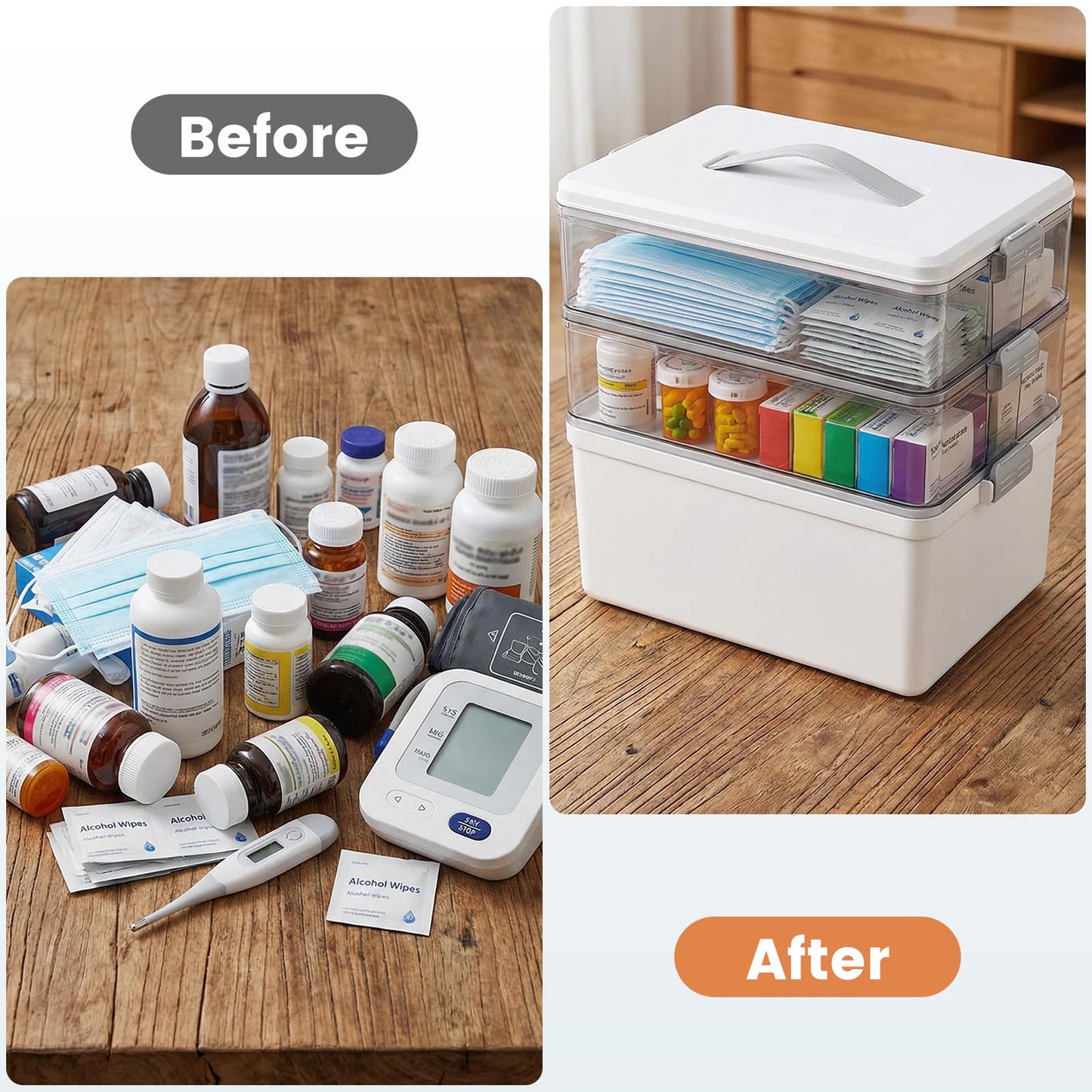 TranRantic 3-Layer Medicine Storage Box, 33.5×22×26.5cm Large Medicine Box with Leather Handle, Multifunctional Medication Storage Box